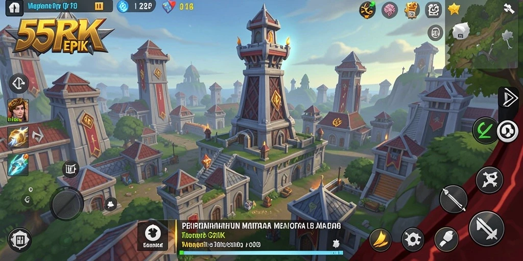 Screenshot gameplay 55RK menampilkan pertarungan menara melawan gelombang musuh.