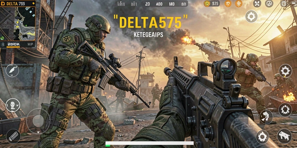 Gameplay DELTA575 yang mendebarkan dengan berbagai karakter dan senjata.