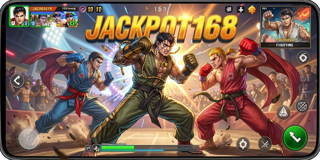 Screenshot menunjukkan aksi pertarungan intens di JACKPOT168.