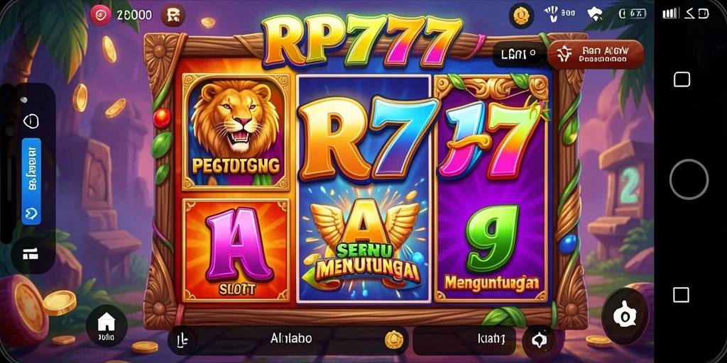 Tampilan gameplay RP777 dengan slot yang berwarna-warni dan interaktif.