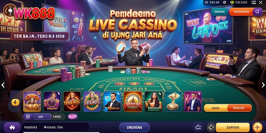 Screenshot utama WK888 yang menampilkan dealer langsung dan suasana permainan Live Casino.
